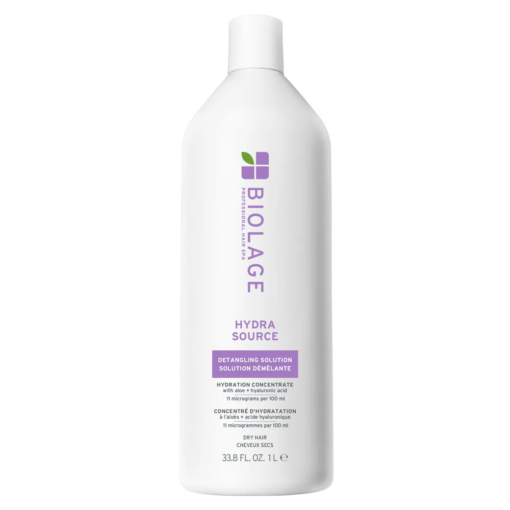 Biolage Hydrasource detangling solution bottle, white with purple and green label