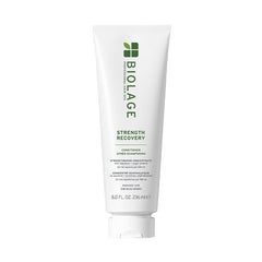 Biolage Strength Recovery conditioner in white squeeze tube with green logo and label