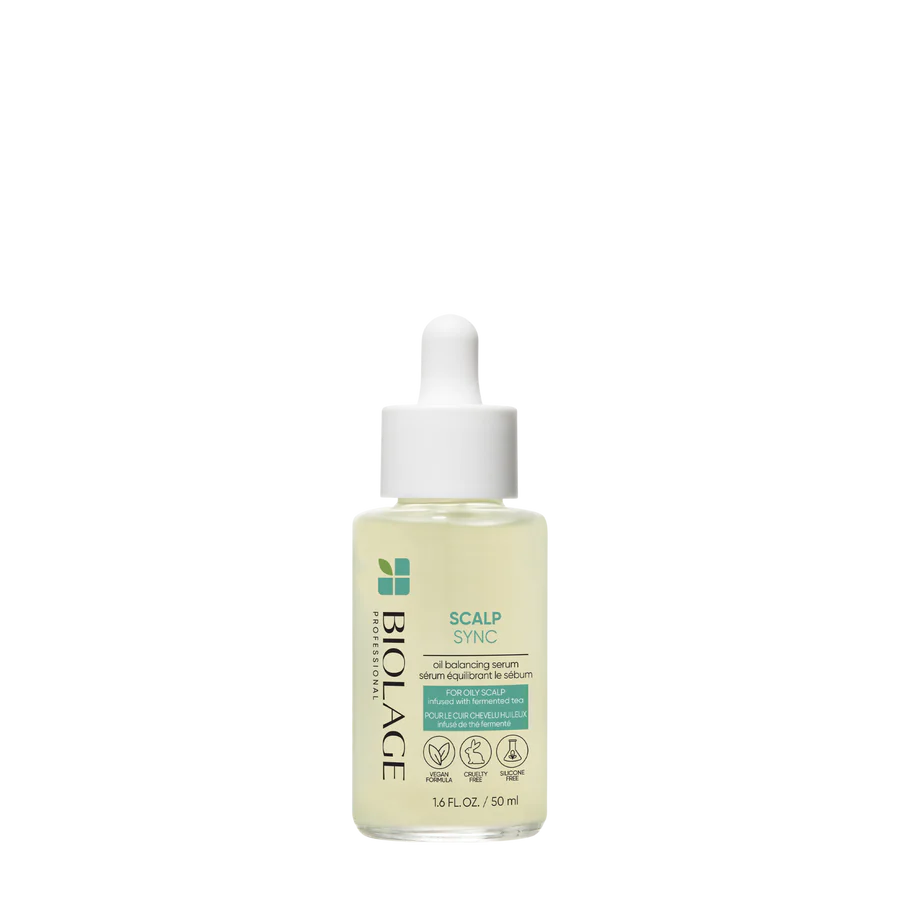 Hair oil serum bottle with green-and-clear label, white pump top, 50 ml
