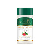 Biotique sunscreen gel, white bottle with green cap and aloe vera raspberry label