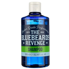 Front view of blue shampoo bottle with white cap and The Bluebeards Revenge Shampoo label, 300 ml