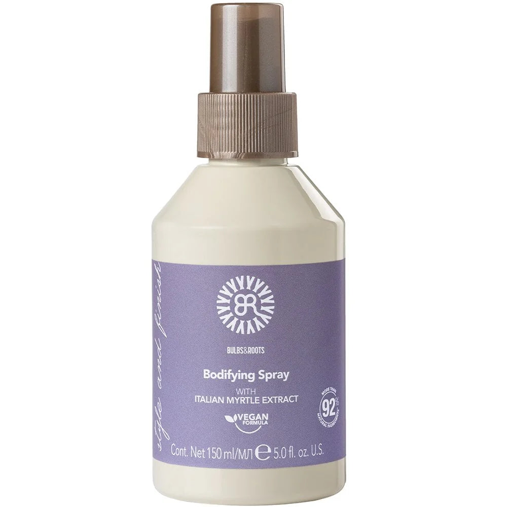 Bodifying spray bottle with purple label and ribbed cap, 150 ml.