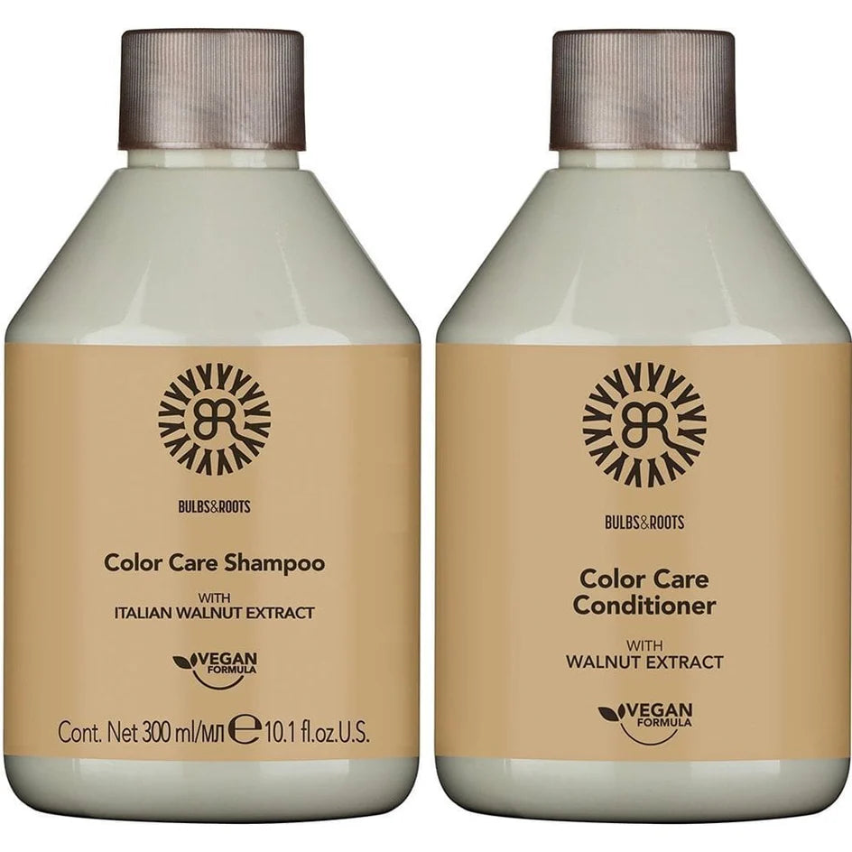 Color care shampoo and conditioner set in cream and amber bottles, Italian walnut extract
