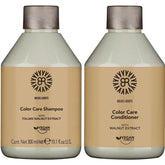 Color care shampoo and conditioner set in cream and amber bottles, Italian walnut extract