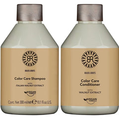 Color care shampoo and conditioner set in cream and amber bottles, Italian walnut extract