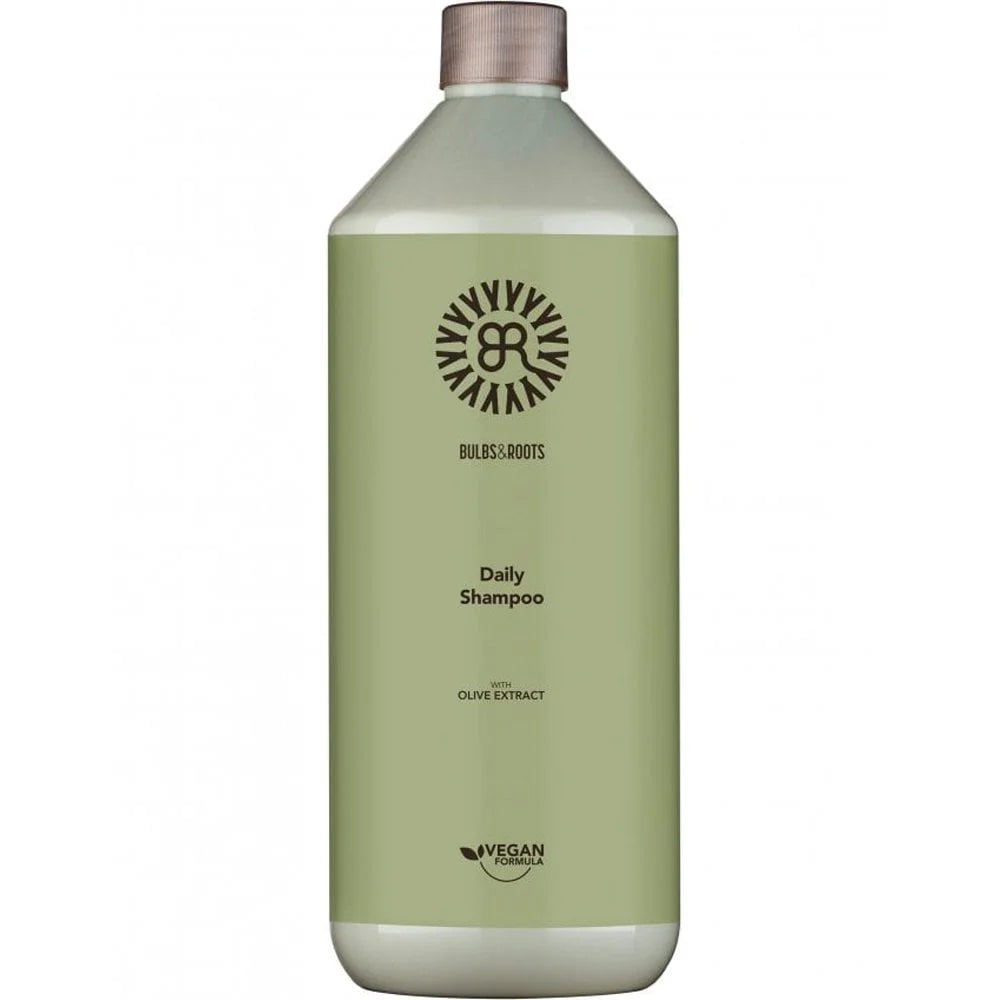 Bulbs & Roots Daily Shampoo bottle (1.0L), green with olive extract and vegan logo