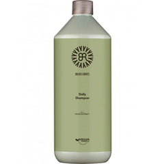 Bulbs & Roots Daily Shampoo bottle (1.0L), green with olive extract and vegan logo