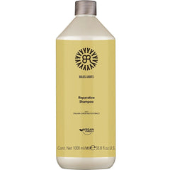 Reparative shampoo bottle, beige label, silver pump cap, 1 L