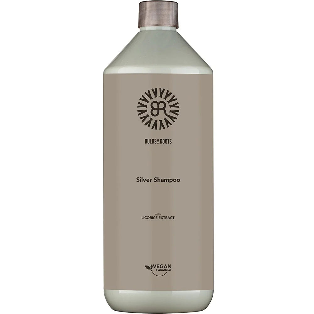 Silver shampoo bottle 1.0L, screw cap, Bulbs & Roots label