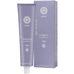 Smoothing cream tube and box, lavender purple with brand logo and 84