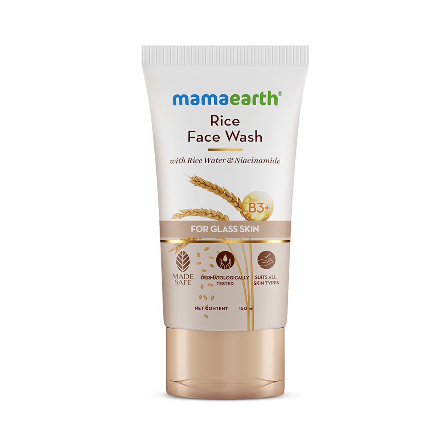 Rice face wash tube, beige cream with ribbed cap and gold base