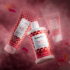 Boosting shampoo bottles with sachets, Wondher Mystic Red, red labels