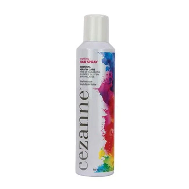 Cezanne working hairspray bottle with white cap, colorful label