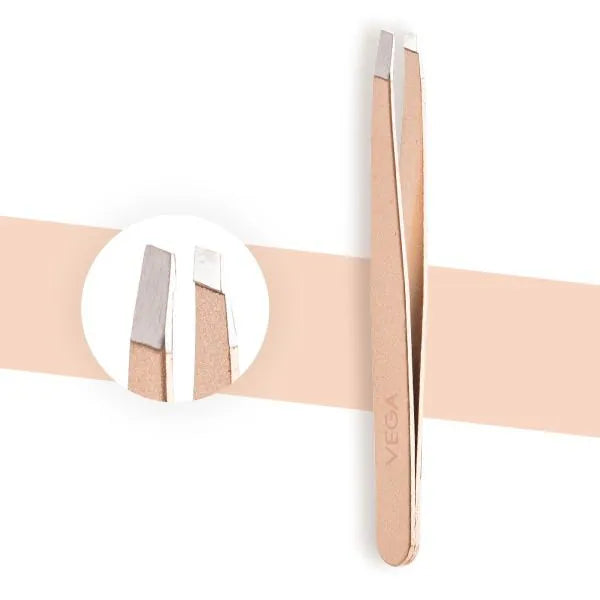 Vega square-tip tweezers with rose-gold handle and angled gripping ends