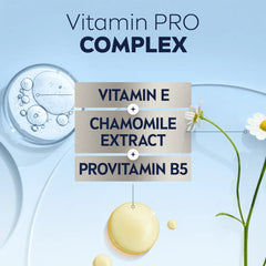 Men sensitive face wash ingredient graphic with Vitamin E, chamomile extract, provitamin B5