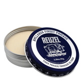 Reuzel Fiber Pomade jar with dark blue lid and opened cream pomade