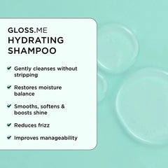 Hydrating shampoo bottle label with benefits: gentle cleanse, moisture, less frizz