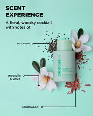 Hydrating shampoo bottle with scent experience notes: ambrette, magnolia & violet, sandalwood