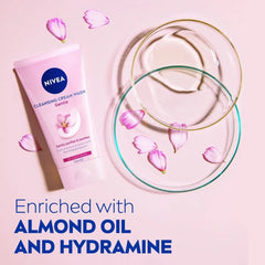Nivea Gentle Cleansing Cream Wash tube with cream swirl in glass bowl, pink.