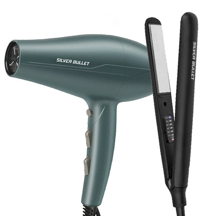 Teal hair dryer and black hair straightener combo with straightening plates