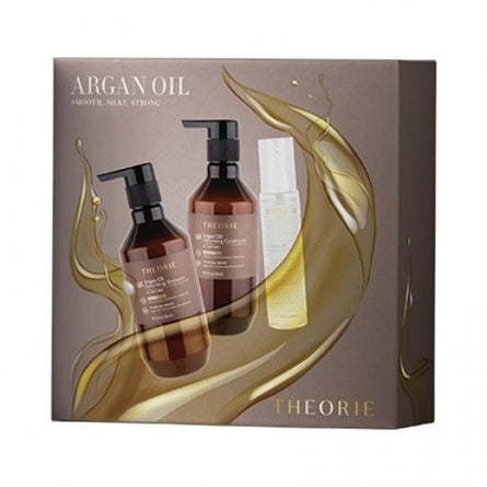 Theorie Argan oil gift set box with bottles and gold leaf design