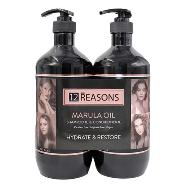 12 REASONS Marula Oil shampoo and conditioner bottles, black with pump tops, 1L duo