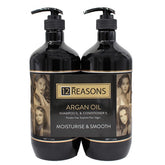 Argan oil shampoo and conditioner duo, two black pump bottles with gold 12 REASONS labels