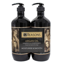 Argan oil shampoo and conditioner duo, two black pump bottles with gold 12 REASONS labels