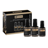 Argan oil travel pack box with three black bottles and labeled hair care products