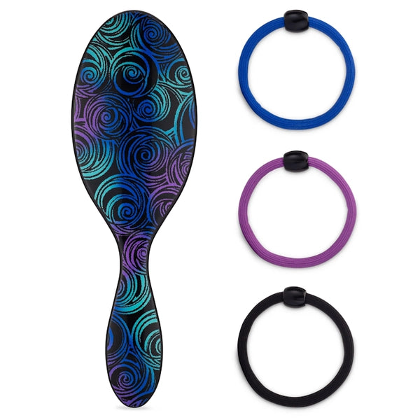 Swirled detangling hair brush with three hair elastics in blue, purple, and black