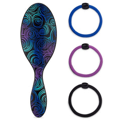 Swirled detangling hair brush with three hair elastics in blue, purple, and black