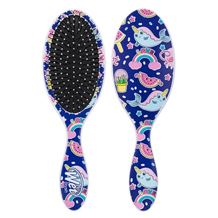 Blue fantasy hair brush with dinosaur pattern, black bristles