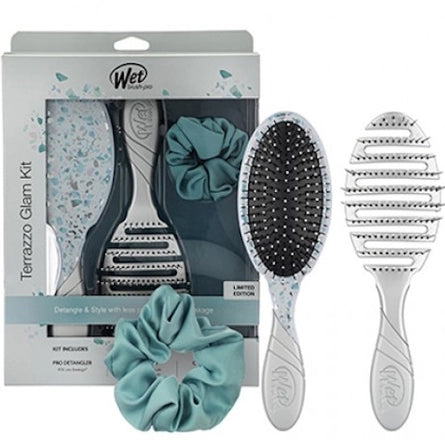 Wet Brush terrazzo glam kit: paddle brush, detangling combs, and teal hair tie