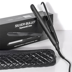 Black hair straightener with quilted storage pouch and accessory case