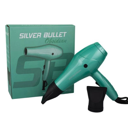 Aqua hair dryer with black nozzle and attachment, shown with retail box