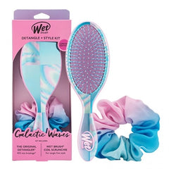 Detangling and styling kit with round hair brush and blue and pink scrunchies