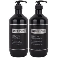 Pair of black keratin shampoo and conditioner bottles with pump dispensers and labels