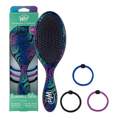 Detangling brush and styling set with box, swirled handle, and three hair elastics