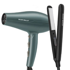 Teal hair dryer and black hair straightener combo with straightening plates