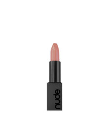 Vegan lipstick in nude beige pink, black tube with open applicator tip