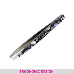 Slant-tip tweezer angled view with pointed metal tip ends and black grip