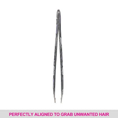 Slant-tip tweezer with long aligned metal tips and black patterned body