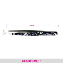 Slant-tip tweezer with black patterned handle and metal tips; 9.5 cm length