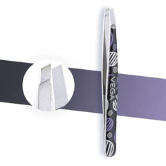 Slant-tip tweezer with pointed metal tips and a black patterned grip