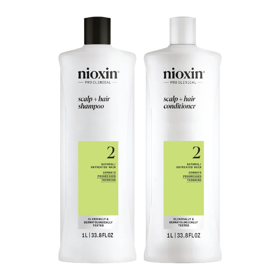 Nioxin System 2 scalp and hair shampoo and conditioner bottles, 1 L each