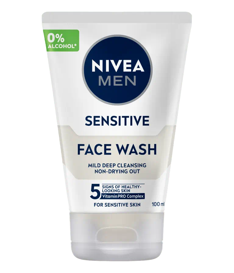 Nivea MEN sensitive face wash tube, white squeeze bottle with navy logo and green badge