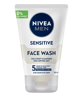 Nivea MEN sensitive face wash tube, white squeeze bottle with navy logo and green badge