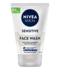 Nivea MEN sensitive face wash tube, white squeeze bottle with navy logo and green badge