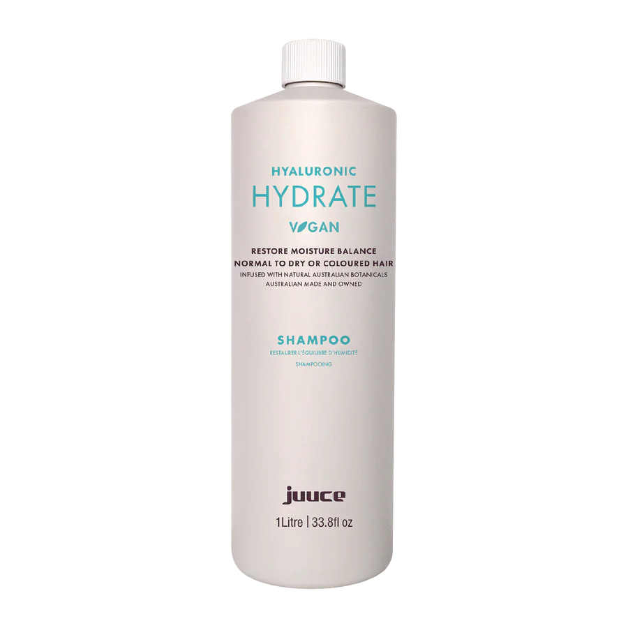 White hyaluronic hydrate shampoo bottle, 1 litre, with pump-style cap.