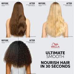 Wella Ultimate Smooth nourish hair in 30 seconds before-and-after graphic